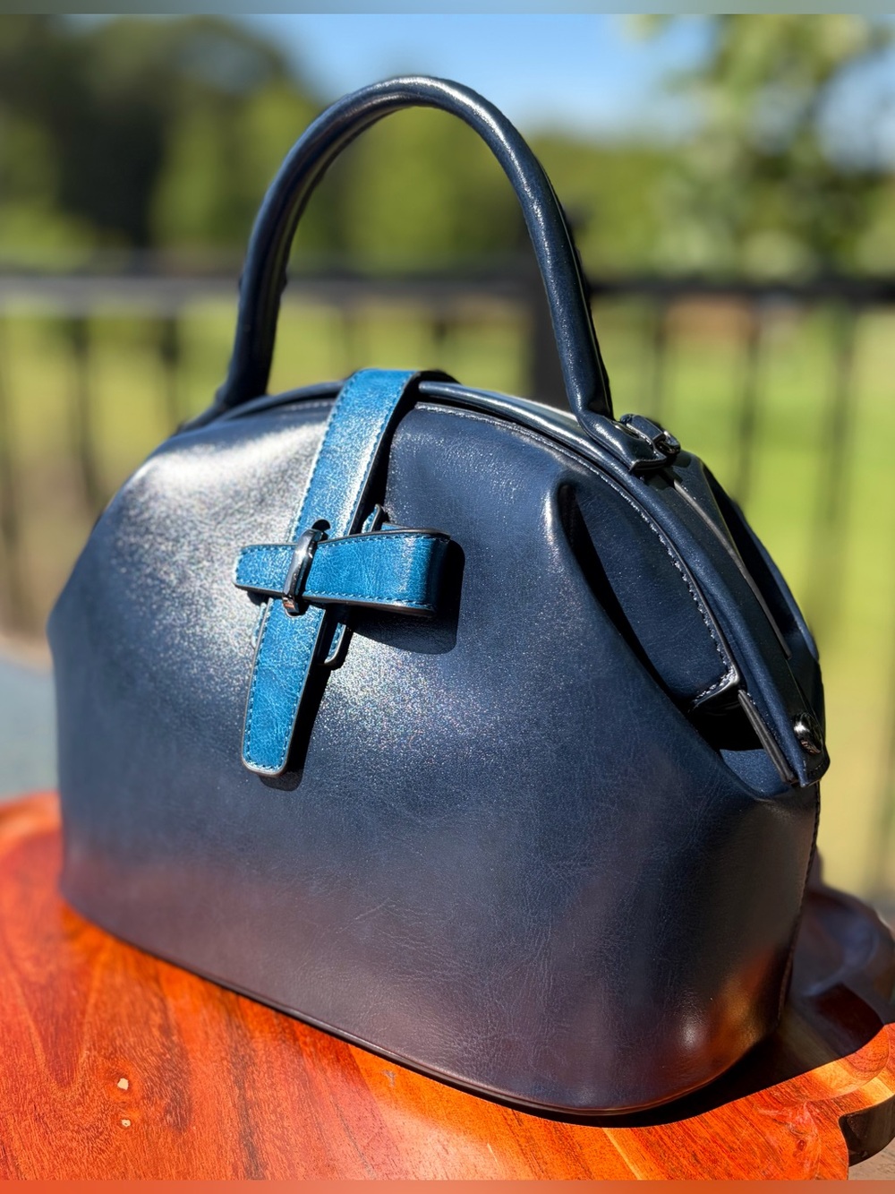 Doctor Bag Vintage-Style Blue Vegan Leather Top Handle Purse & Wallet Set - Picture 11 of 13